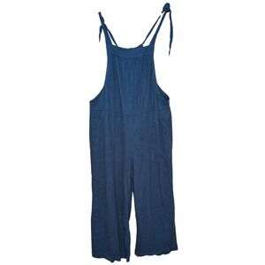 Toad&Co Taj Hemp Overall Jumpsuit Blue Wide Leg Tie Strap  Womens Large
